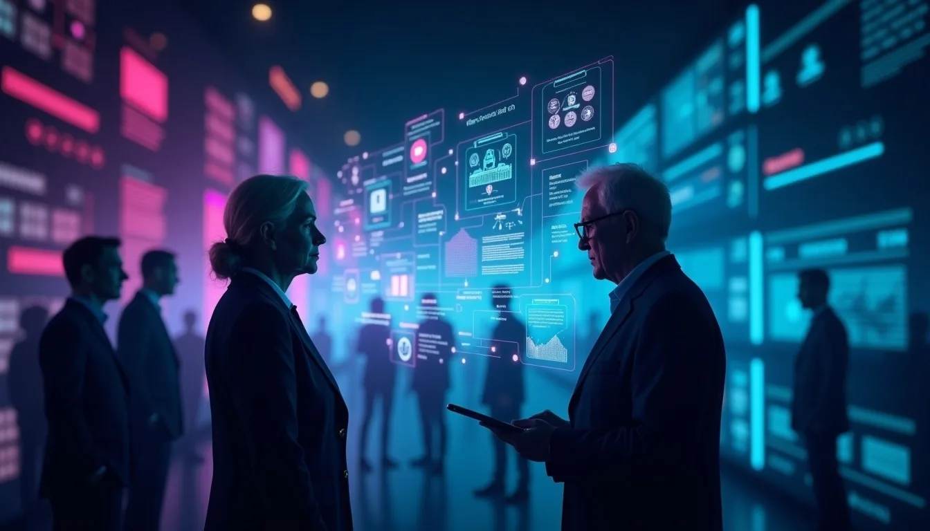 Imagem futurista ilustrando um Agente de IA otimizando processos jurídicos previdenciários, com fluxos de dados em neon conectando documentos digitais e interfaces de atendimento, simbolizando eficiência e inovação no setor.