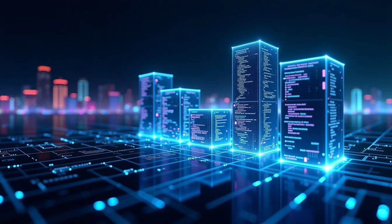 Visão noturna futurista de uma cidade modular, onde fluxos de dados em neon conectam edifícios, simbolizando a Arquitetura SDD no Vibecode, com uma interface holográfica de IA exibindo métricas de UX e código.