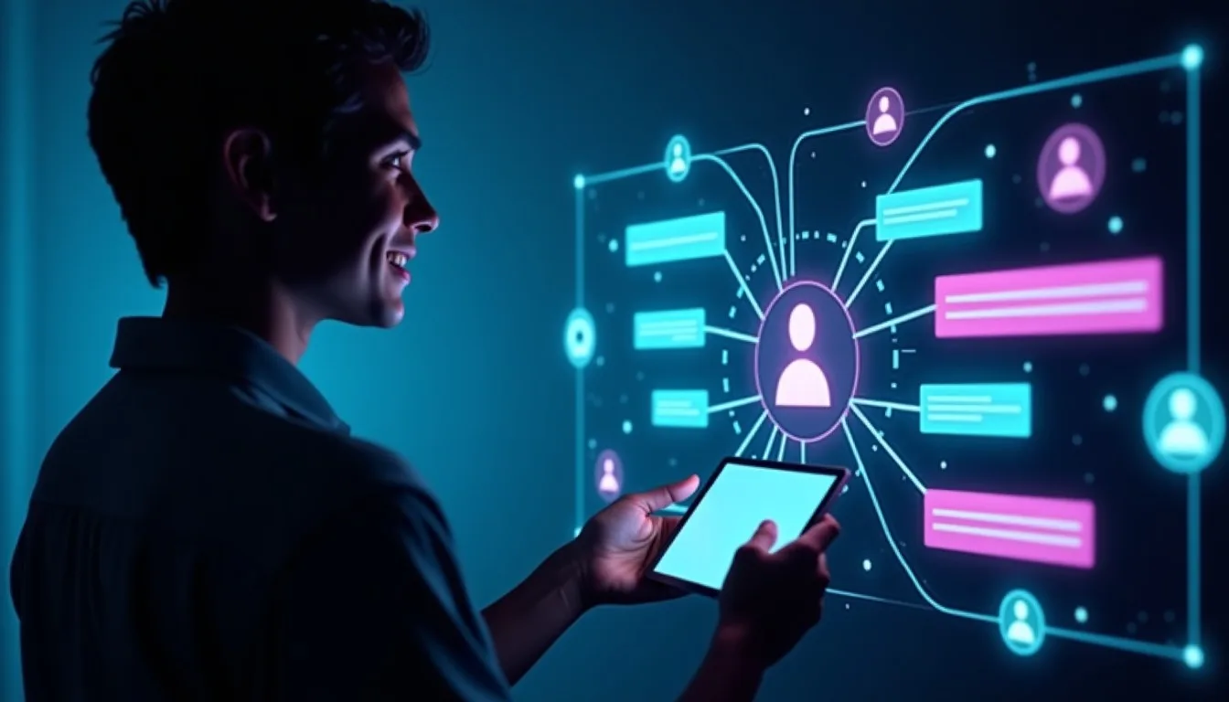 Interface holográfica de um sistema de atendimento ao cliente com IA, mostrando a automação de conversas e dados, com um empresário satisfeito acompanhando os resultados.