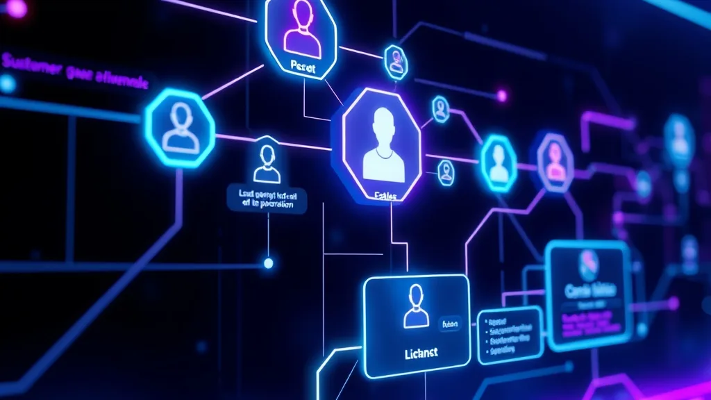 Ilustração futurista de um funil de vendas digital, com fluxos de dados em neon conectando etapas de prospecção e qualificação de leads, representando a automação de geração de leads com IA.