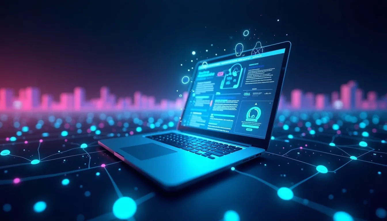 Imagem de capa futurista mostrando um site sendo construído rapidamente por inteligência artificial, com elementos de luzes neon ciano e roxas e uma silhueta estilizada de Recife ao fundo, simbolizando a criação de sites com IA na cidade.