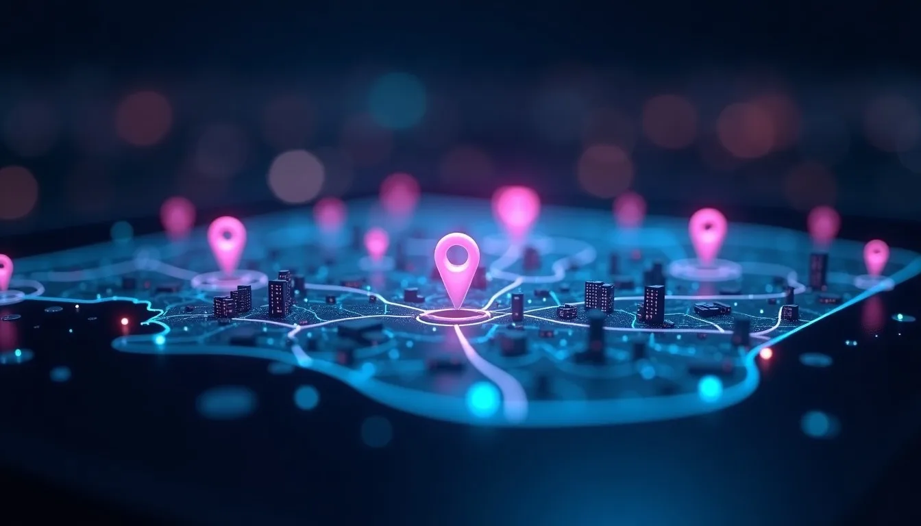 Ilustração futurista de um mapa urbano com pontos de negócios brilhantes, simbolizando a visibilidade de empresas com SEO Local. Uma lupa com brilho de IA destaca a importância da busca regional.