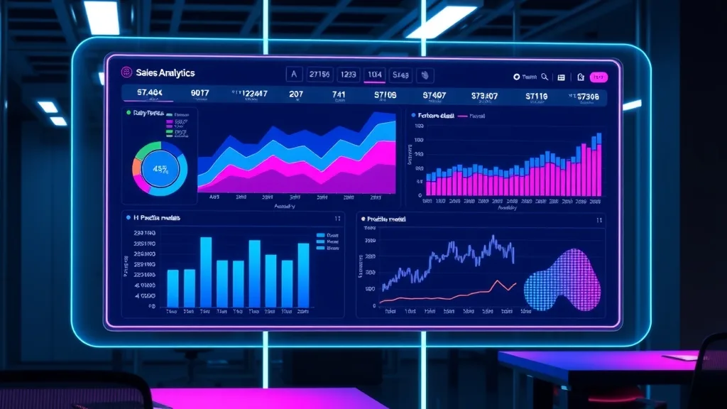 Painel de análise de dados futurista com gráficos e modelos preditivos de vendas, exibido em uma tela holográfica em um escritório moderno, simbolizando o poder da IA na previsão de vendas.