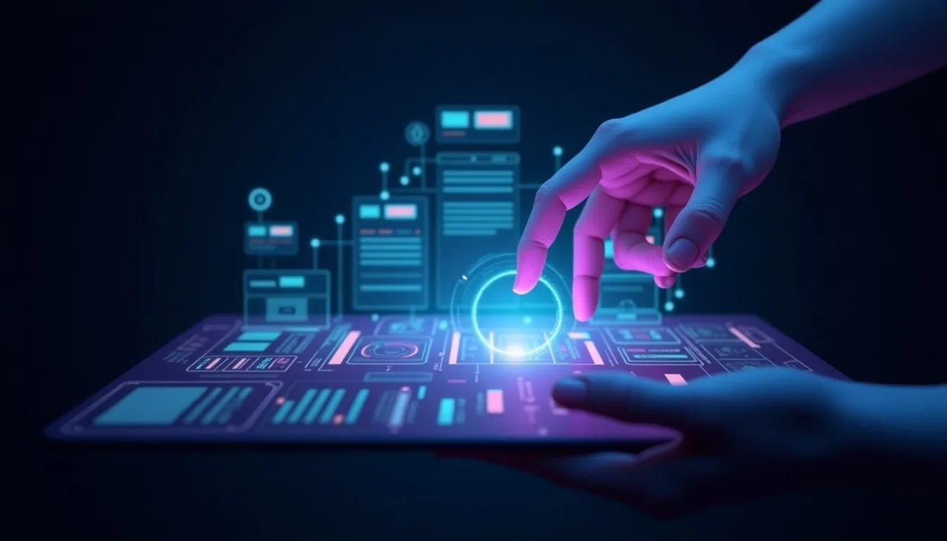 Uma interface de site holográfica com blocos de conteúdo sendo otimizados por uma mão etérea de IA, destacando o processo de refino e melhoria contínua e futurista.