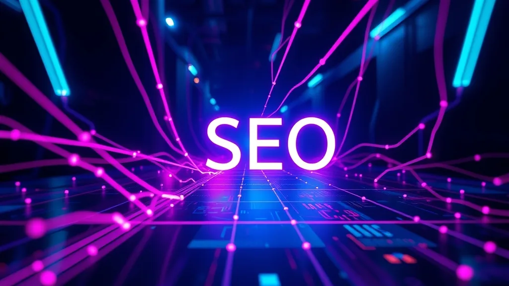 Uma paisagem digital futurista com uma interface de site integrada a redes neurais de IA brilhantes, simbolizando a otimização de SEO para a busca generativa do Google, com tons de azul e roxo neon.