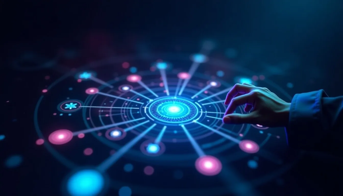 Interface holográfica de uma plataforma SaaS com fluxos de dados luminosos, simbolizando escalabilidade e eficiência. Mãos de um desenvolvedor interagem sutilmente, com iluminação neon ciano e roxa.
