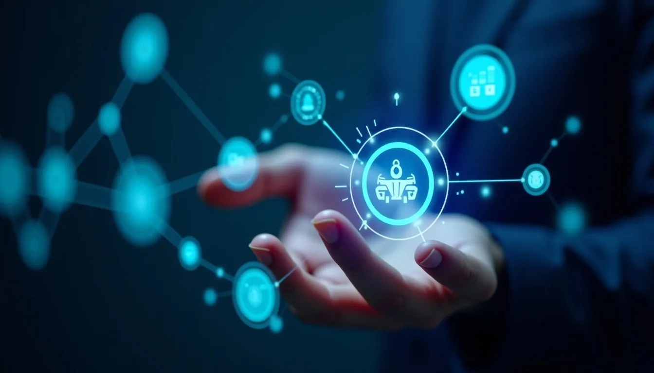 Mão humana interagindo com uma interface holográfica, visualizando nós luminosos de microserviços de IA interconectados, ilustrando a modularidade da Arquitetura SDD no Vibecode e seu fluxo de dados em tempo real.