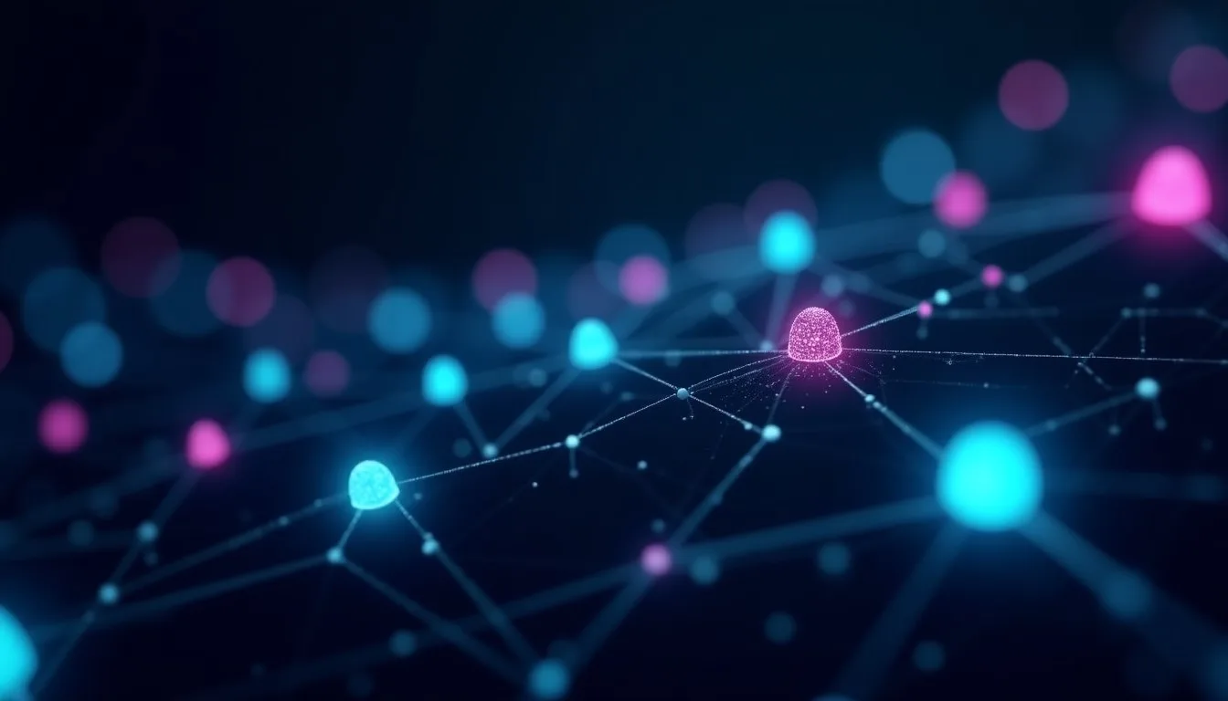 Fluxo de trabalho complexo de atendimento ao cliente automatizado por IA, com nós interconectados representando tarefas como recebimento de consulta, consulta de FAQ e encaminhamento humano, fluindo de forma contínua.