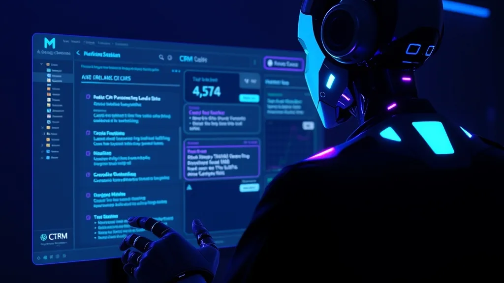 Robô de IA interagindo com um sistema CRM em uma tela futurista, qualificando leads e enviando mensagens personalizadas automaticamente, demonstrando a automação na prática.