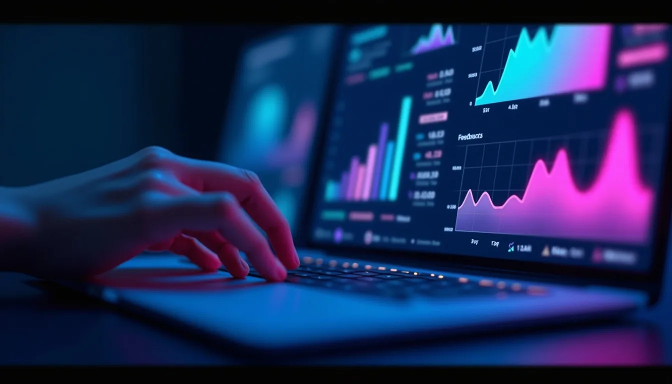 Ilustração de um painel digital com gráficos e métricas de feedback de usuários em tempo real para um MVP SaaS, destacando o processo de iteração rápida e o engajamento do cliente, com elementos visuais de neon.