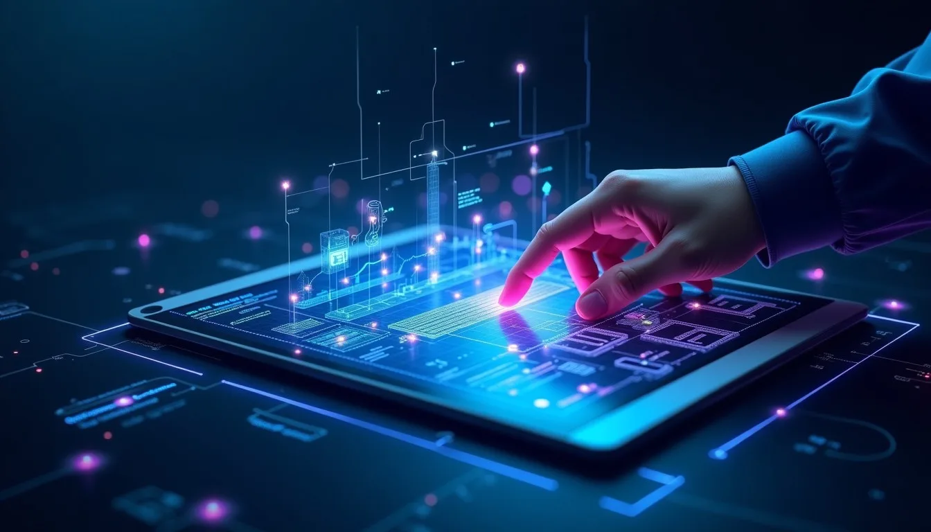 Ilustração futurista interna de uma mão digital interagindo com o projeto holográfico de um site, com fluxos de dados e pequenos ícones de robôs de IA, destacando a otimização de SEO e a jornada do usuário no desenvolvimento com inteligência artificial.