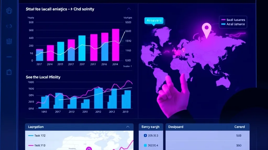 Painel de controle digital com gráficos de SEO Local e mapa, mostrando um empresário analisando dados de visibilidade para otimizar a presença online de sua empresa.