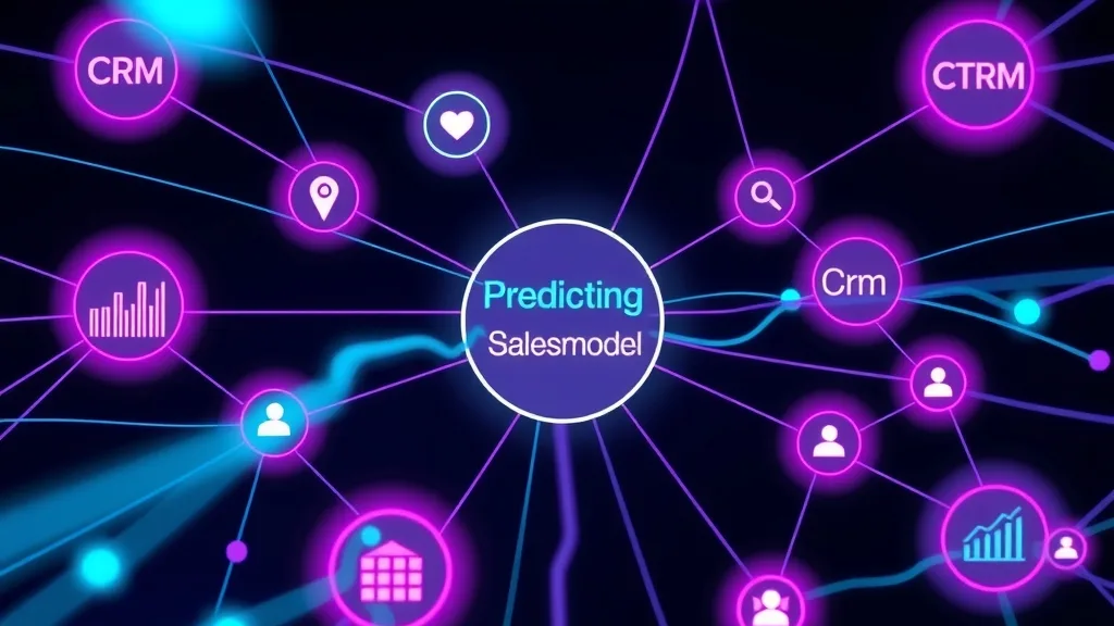 Ilustração de uma rede neural estilizada mostrando o fluxo de dados de diversas fontes, como CRM e marketing, convergindo para um modelo central de previsão de vendas impulsionado por IA.