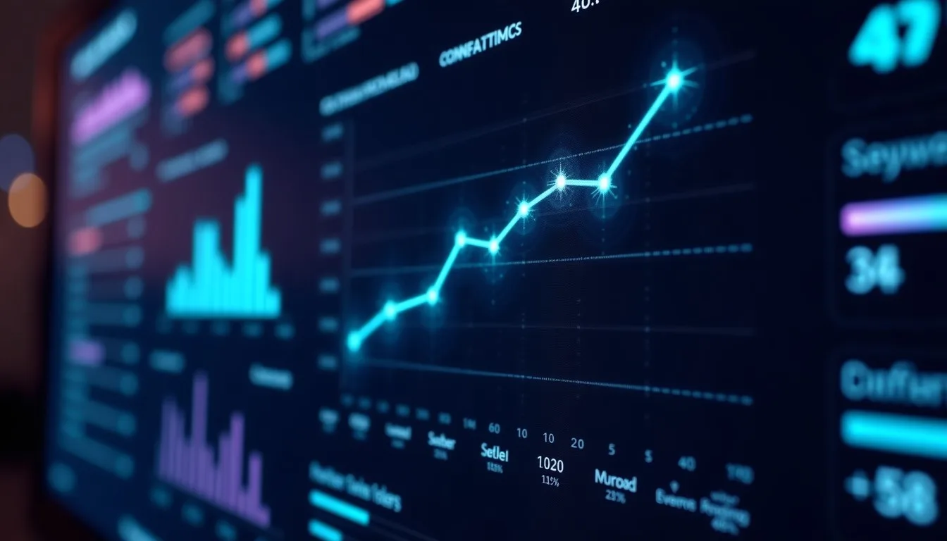 Um painel dinâmico exibindo métricas de performance de conteúdo em tempo real, com algoritmos de IA analisando engajamento de usuários e eficácia de palavras-chave para otimização contínua.
