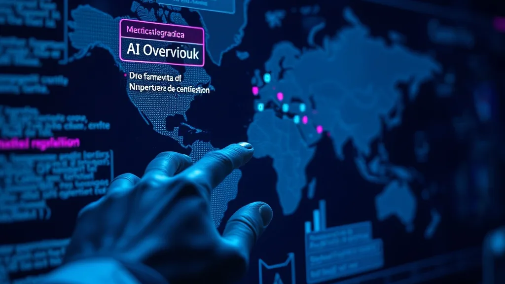 Mão humana estilizada interagindo com um mapa estratégico de conteúdo holográfico, com dados fluindo para um snippet de AI Overview do Google, em ambiente futurista com neons azul e roxo.