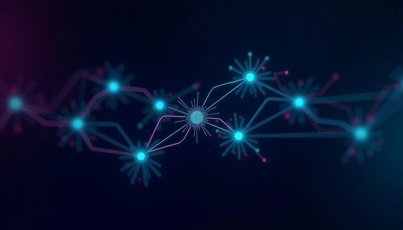 Diagrama de rede neural estilizado, com nós representando módulos de SaaS como CRM, Analytics e Faturamento, reconfigurando e expandindo dinamicamente, ilustrando a agilidade e escalabilidade do Vibe-code.